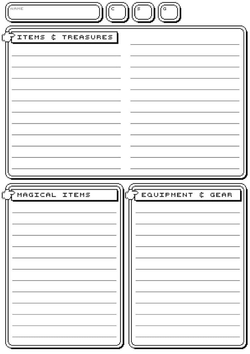May include: A black and white character sheet for role-playing games. The sheet has sections for "Name", "Items & Treasures", "Magical Items", and "Equipment & Gear".