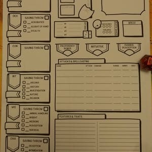 May include: A blank character sheet for a tabletop role-playing game, featuring sections for stats, skills, and attacks. Includes dice and a miniature cone. The sheet is designed for players to track their character's progress.