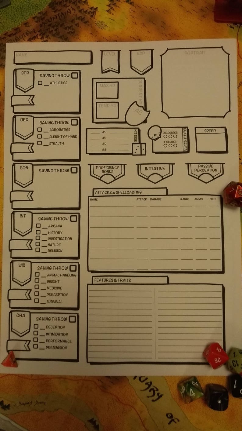 May include: A blank character sheet for a tabletop role-playing game, featuring sections for stats, skills, and attacks. Includes dice and a miniature cone. The sheet is designed for players to track their character's progress.