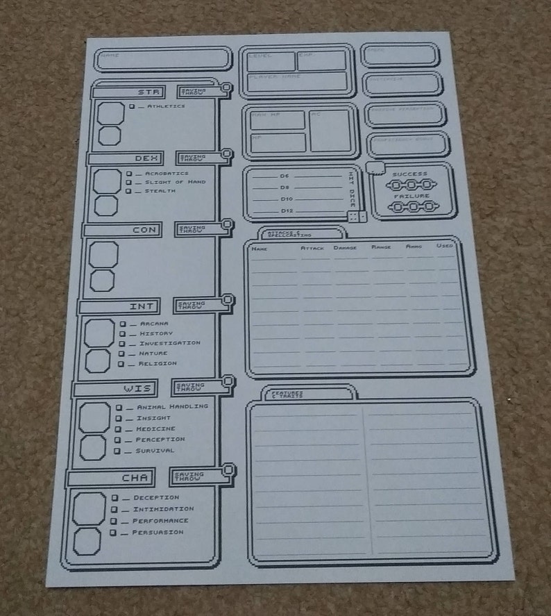 May include: A black and white character sheet for a tabletop role-playing game. The sheet includes sections for character name, stats, skills, saving throws, attacks, features, and traits.