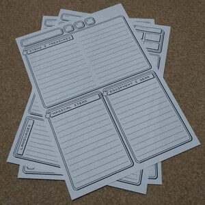 May include: A set of printable character sheets for role-playing games. The sheets include sections for languages, magical items, equipment and gear, and items and treasures.