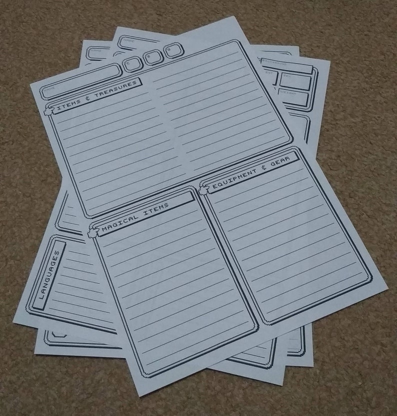 May include: A set of printable character sheets for role-playing games. The sheets include sections for languages, magical items, equipment and gear, and items and treasures.