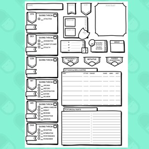 May include: A black and white character sheet for a tabletop role-playing game. The sheet includes sections for ability scores, saving throws, skills, attacks, and features. The background is a light teal color with a repeating pattern of pills.