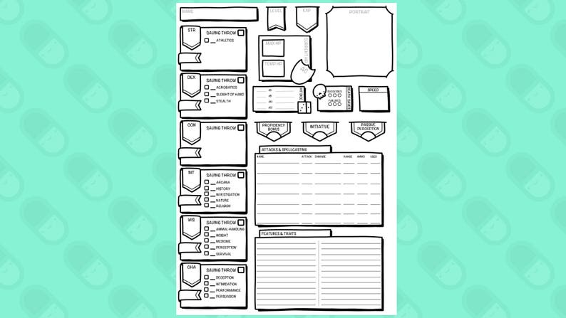 dungeons dragons 5th edition character sheet etsy