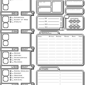 May include: A black and white character sheet for a tabletop role-playing game. The sheet includes sections for character name, level, experience points, strength, dexterity, constitution, intelligence, wisdom, charisma, saving throws, skills, hit dice, initiative, passive perception, proficiency bonus, attacks, damage, range, ammo, used, and features.
