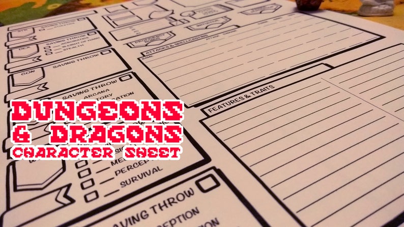 May include: A character sheet for the tabletop role-playing game Dungeons & Dragons. The sheet is white with black lines and text, including sections for saving throws, skills, and character traits. The title "DUNGEONS & DRAGONS CHARACTER SHEET" is in red pixelated font.