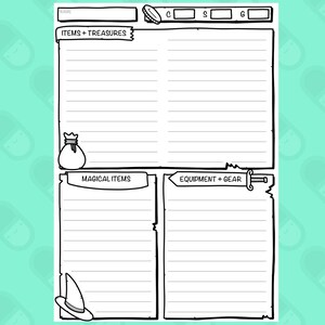 May include: Black and white illustrated character sheet for a tabletop role-playing game. Sections include "Items + Treasures", "Magical Items", and "Equipment + Gear". A wizard hat and coin purse are also illustrated.