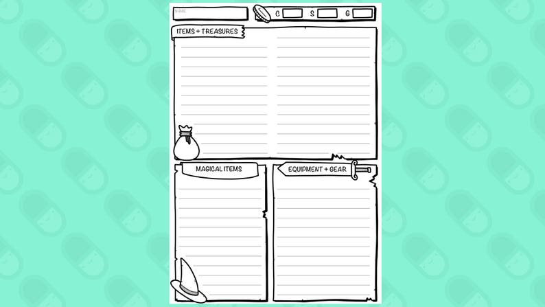 May include: Black and white illustrated character sheet for a tabletop role-playing game. Sections include "Items + Treasures", "Magical Items", and "Equipment + Gear". A wizard hat and coin purse are also illustrated.