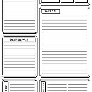 May include: A black and white character sheet template for role-playing games. The sheet includes sections for name, player name, race, class, background, alignment, sex, height, weight, languages, proficiencies, notes, and background and personality.