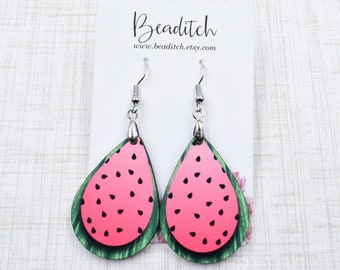 Watermelon Drop Earrings - Pink Melon Earrings - 4th of July - Memorial Day - Cute Summer Earrings - Mini Teardrop Earrings - fruit earrings