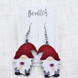Red Wine Gnome Earrings - Wine Lover Gnome Earrings - Fun Unique Jewelry Accessories  - Garden Elf  - Gnome Drop Dangle Earrings