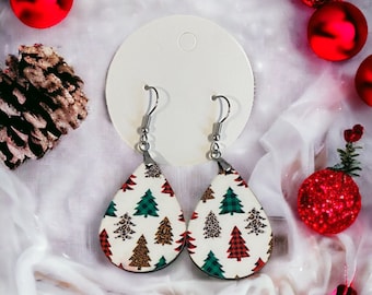 Christmas Tree Pattern Earrings - Christmas Teardrop Earrings - Leopard Tree Christmas Earrings - Christmas Jewelry - Mini Teardrop Earrings