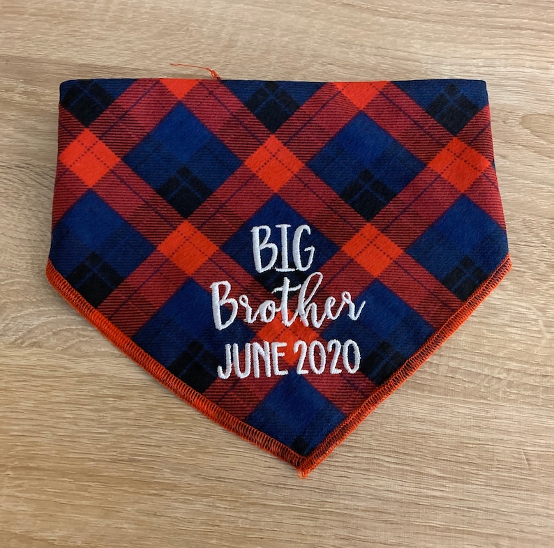 Rustic flannel plaid Great for Pregnancy pics Big Brother or Sister monogram on the front Big Sis too Big Brother Dog Bandana