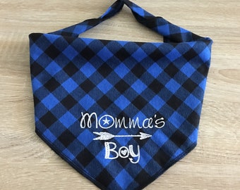 Dog Bandana - Momma's Boy. Buffalo plaid flannel is personalized for your pet. Tie On with name monogram on back. Opt HuMom scarf