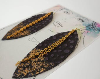 Black Purple Leather Feather Earrings, Dipped in Gold, Feather Earrings, Festival Accessories, Leather Feather Earrings, Bohemian Feather