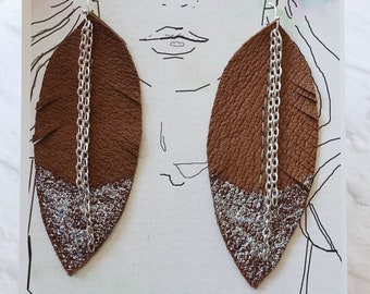 Brown Suede Leather Feather Earrings, Dipped in Silver, Feather Earrings, Festival Earrings, Brown Feather Earrings, Bohemian, Brown Leather