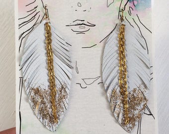 White Leather Feather Earrings, Dipped in Gold, Feather Earrings, White Feather Earrings, Boho Earrings, Festival Earrings, Bridal