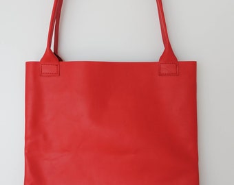 Leather Tote Bag, Red Black Leather Shopper Bag, Large Handbag, Large Tote Bag, Shoulder Bag, Leather Tote, Gift For Her, Red Leather Tote