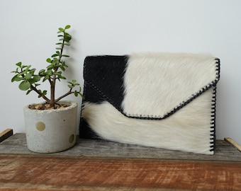 Embrague de piel de vaca, pelo en el embrague de la piel, monedero, cartera, bolsa de viaje, embrague de la piel, bolso de piel de vaca, cuero negro, cuero blanco, bolsa de maquillaje