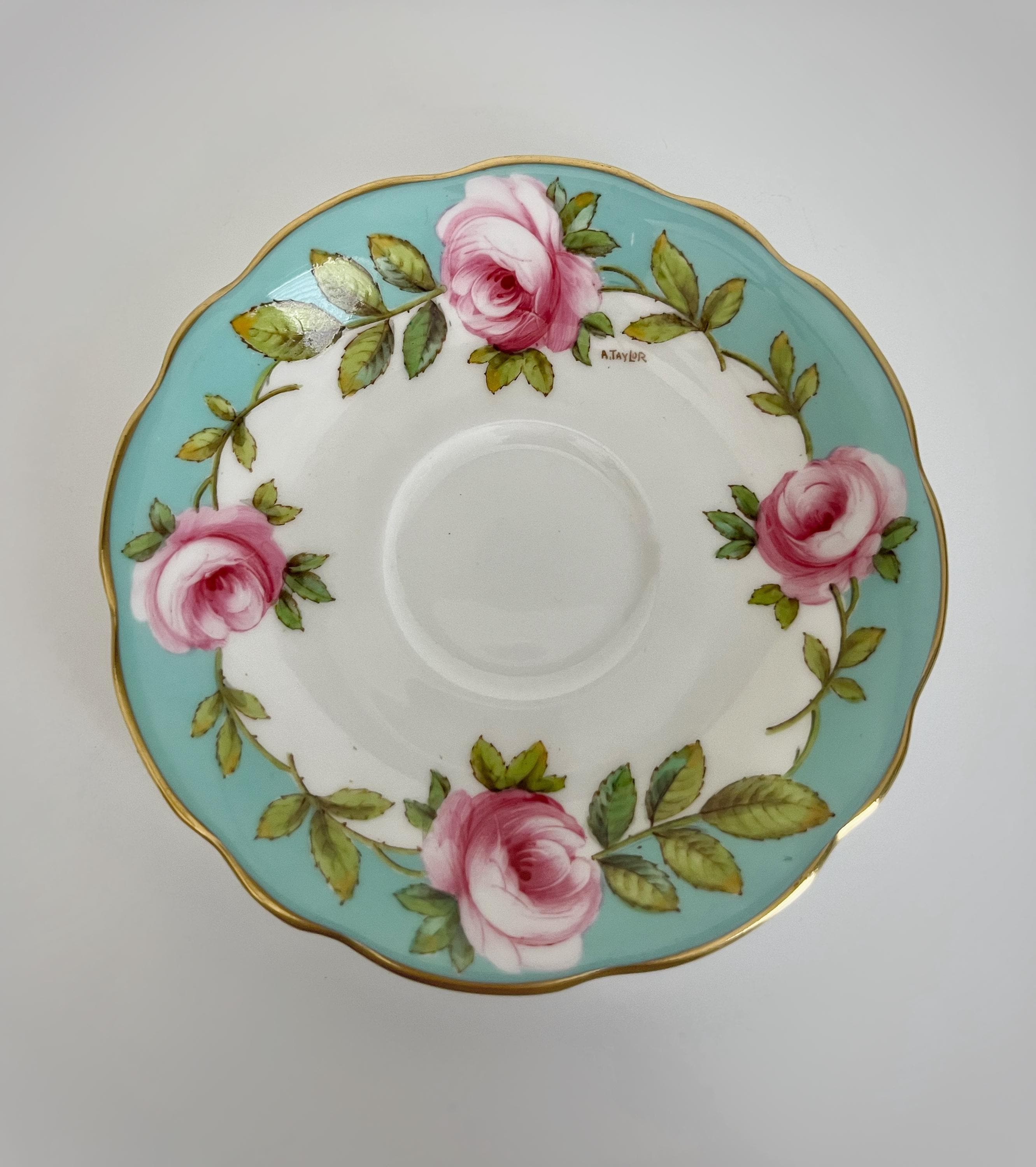 RARE EB Foley Signed Floral Turquoise Blue Pink Rose Cup and Saucer Set ...