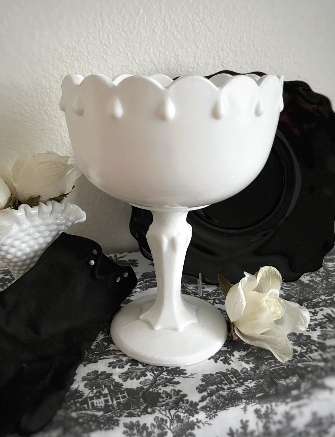 Vintage Milk Glass Pedestal Compote Bowl, Footed Vase With Tear Drop ...
