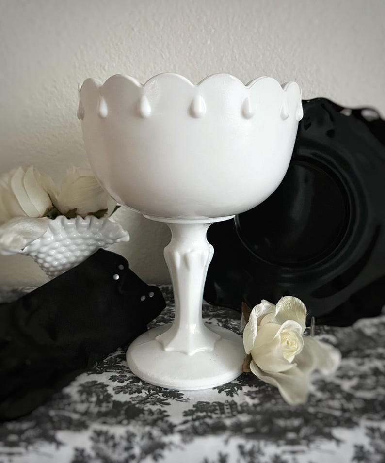 Vintage Milk Glass Pedestal Compote Bowl, Footed Vase With Tear Drop ...