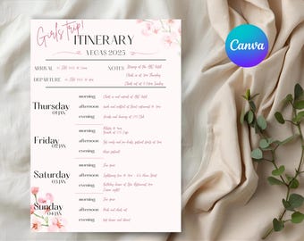 Plantilla de itinerario para viaje de chicas, planificador de viajes editable en Canva, itinerario de fin de semana de cumpleaños, cronograma de viaje a una cabaña, descarga digital.