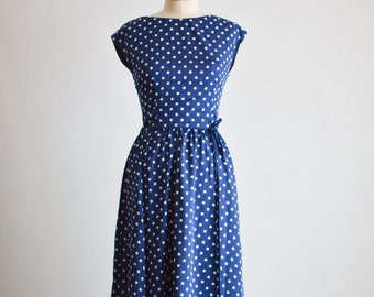 Vintage Victor Costa 1970's dress blue polka dot maxi fit and flare Small