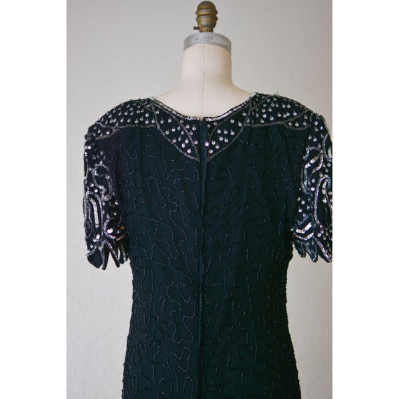 Vintage beaded silk dress black midi sleeves larg… - image 4