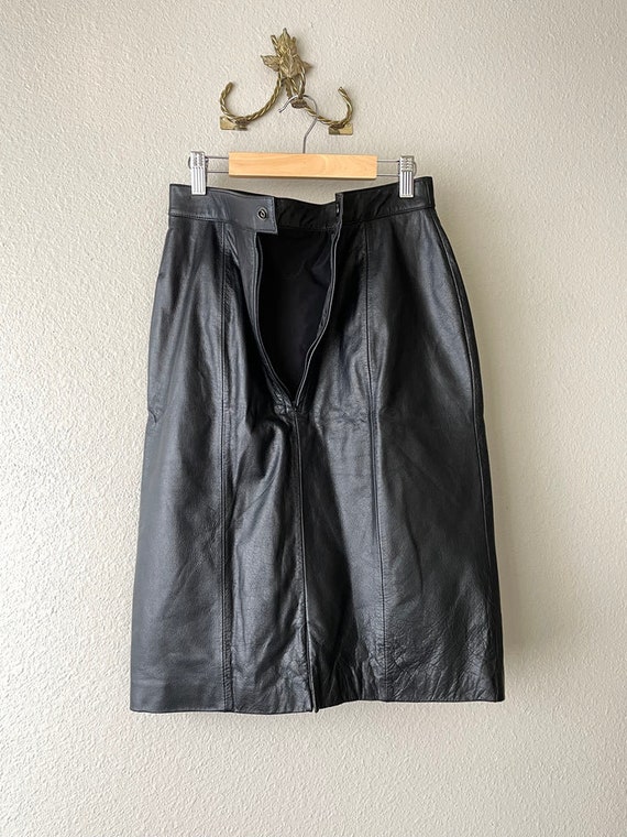 Vintage leather skirt black midi fitted size Xs s… - image 2