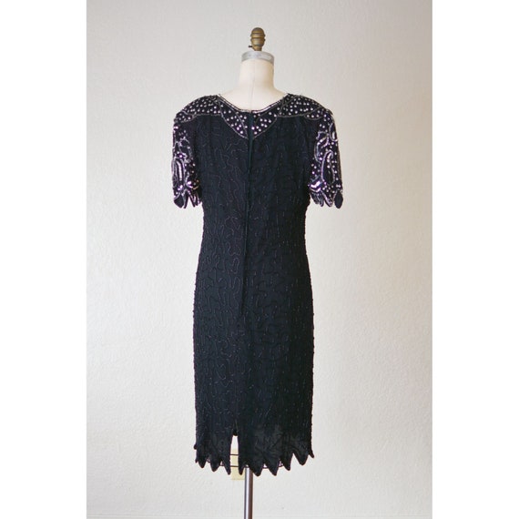 Vintage beaded silk dress black midi sleeves larg… - image 3