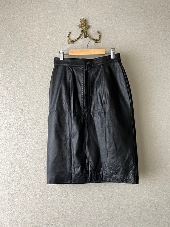 Vintage leather skirt black midi fitted size Xs s… - image 3
