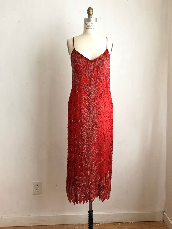 Vintage red dress beaded maxi floral size:XL slip