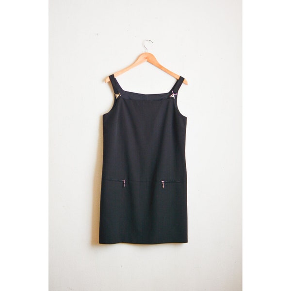 Vintage black overall dress short sleeve size small slip on