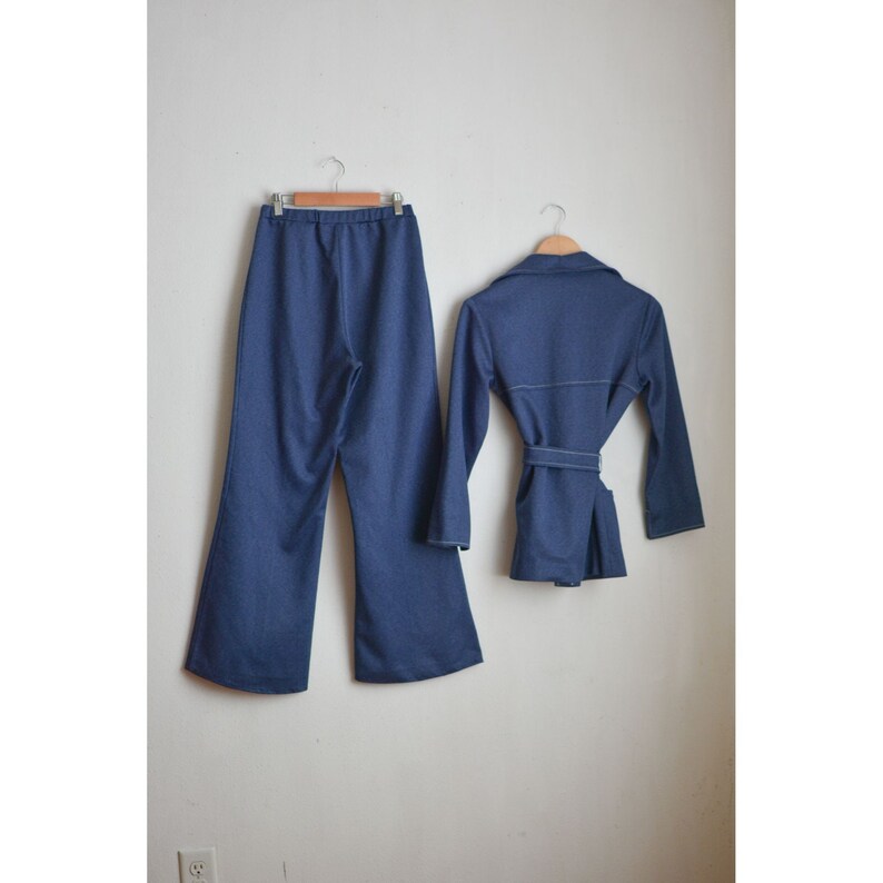 Vintage blue two piece set 1970's size Medium long sleeve disco romantic buttoned down fitted image 2