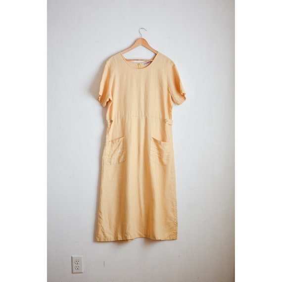 Vintage linen dress yellow slip on size Large 100… - image 1