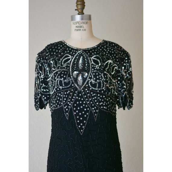 Vintage beaded silk dress black midi sleeves larg… - image 2