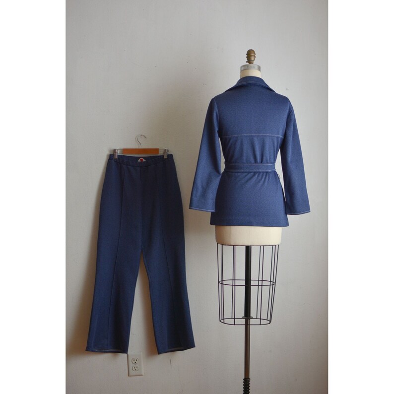 Vintage blue two piece set 1970's size Medium long sleeve disco romantic buttoned down fitted image 5