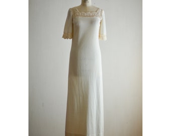 Vintage cotton white dress knit ivory 1970's size Small lace romantic wedding engagement natural