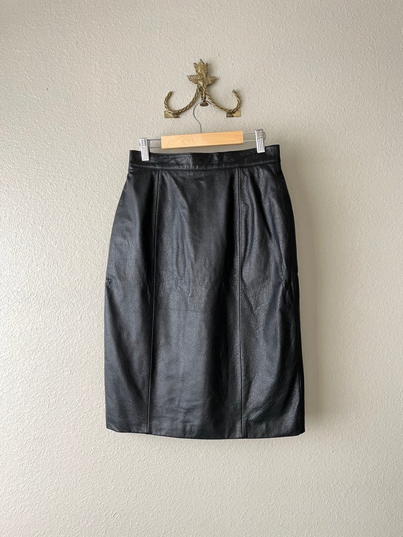 Vintage leather skirt black midi fitted size Xs s… - image 1
