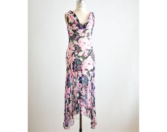 Vintage slip dress floral silk Small 1990's y2k semi sheer maxi beaded party high low pink black wedding guest dress romantic evening