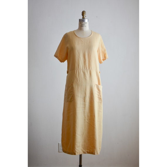 Vintage linen dress yellow slip on size Large 100… - image 5