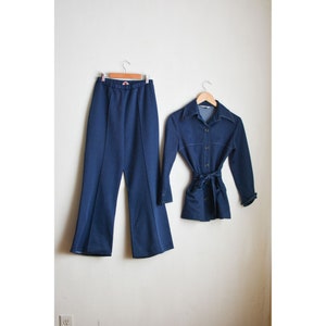 Vintage blue two piece set 1970's size Medium long sleeve disco romantic buttoned down fitted image 7
