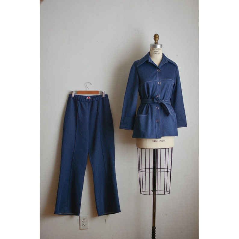 Vintage blue two piece set 1970's size Medium long sleeve disco romantic buttoned down fitted image 1