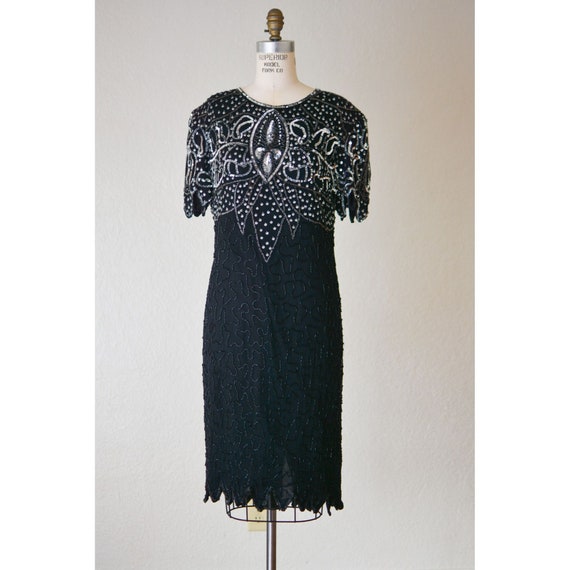 Vintage beaded silk dress black midi sleeves larg… - image 1