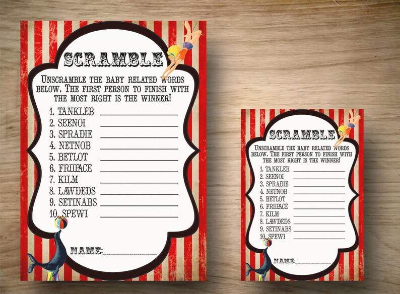 Baby Shower Game Circus Baby Word Scramble INSTANT Etsy