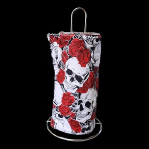 Asciugamani di carta riutilizzabili con teschi e rose // Decorazioni per la cucina di Halloween // Asciugamani senza carta con bottoni automatici o senza bottoni automatici // Ecologici, zero sprechi