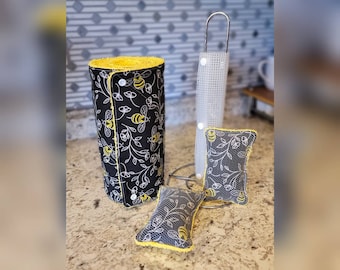 Reusable Paper Towels + Eco Sponge Set // "Buzzin' Bees" Snapping Paper Towels on a roll with holder // Eco Friendly Paperless Towels