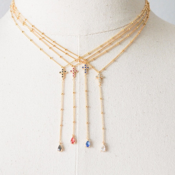 Tiny Cross Necklace,Gold Cross Lariat Necklace,Dainty Layering Necklace,Minimalist Y Lariat,Beaded Gold Chain,Boho Necklace,Birthday Gift