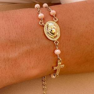 Gold Sacred Heart Rosary Bracelet Beaded Chain,18k Gold Plated,Religious Jewelry